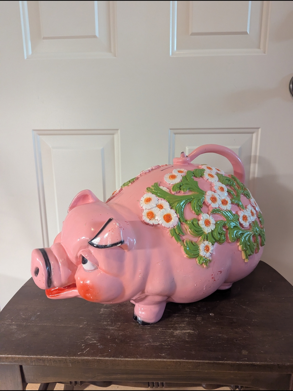 Vintage 1976Pink Floral Ceramic Pig Piggy Bank